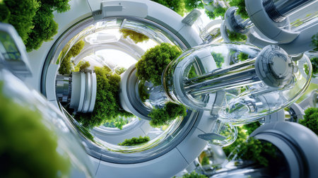 A futuristic space station with a large dome that is covered in plants. The dome is surrounded by a network of glass tubes and structures. The plants are thriving in this environmentの素材