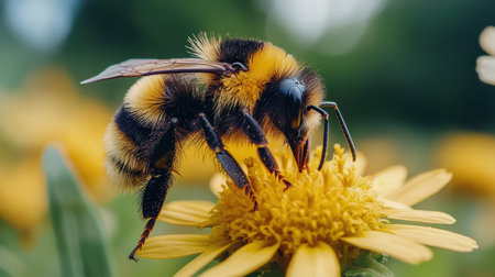 A yellow flower with a black and yellow bee on it is being eaten by the bee. The flower is in the center of the image and the bee is positioned on top of itの素材