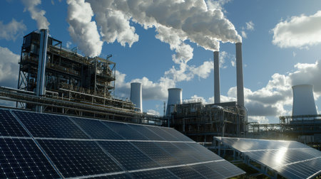 A large industrial plant with a lot of smoke coming out of it. The sky is cloudy and the sun is shiningの素材