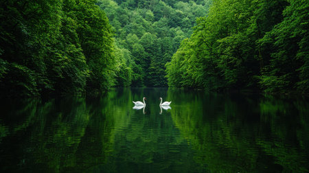 Two swans are swimming in a lake surrounded by trees. The water is calm and the sky is clear. The scene is peaceful and sereneの素材