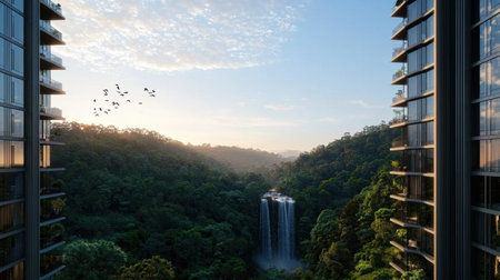 A waterfall is seen in the distance from a building. The sky is blue and the sun is settingの素材