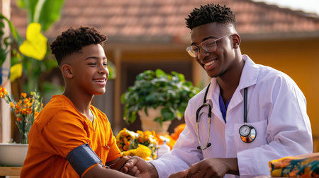 A teenage boy getting his blood pressure checked by a nurse with a kind smileの素材