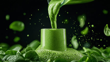 A vibrant green smoothie being poured into a glass, surrounded by spinach leaves.の素材