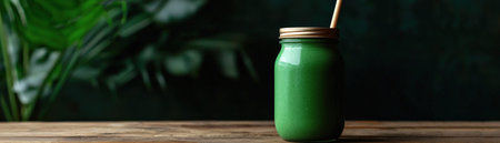 A vibrant green smoothie served in a mason jar with a bamboo straw.の素材
