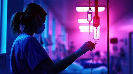 A nurse adjusting the IV drip for a sleeping patient in a quiet hospital room.の素材