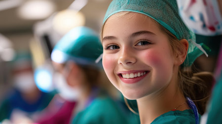 A teenage girl smiling weakly but optimistically, surrounded by supportive medical staff.の素材