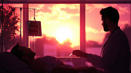 A nurse adjusting the IV drip for a sleeping patient in a quiet hospital room.の素材