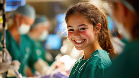 A teenage girl smiling weakly but optimistically, surrounded by supportive medical staff.の素材