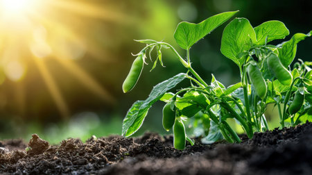 A lush pea plant in a garden with sunlight filtering through its leaves.の素材