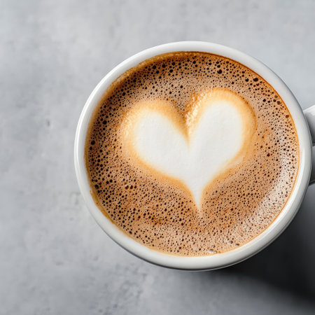 A close-up of latte art shaped like a heart on creamy foam.の素材