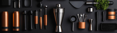 A creative bartender toolkit with jiggers, shakers, and strainers neatly arranged.の素材