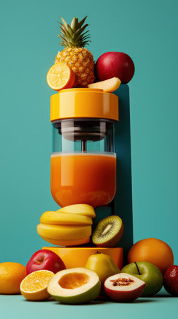 A colorful juice press with fruits being prepared for juicing.の素材