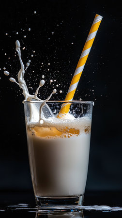 A frothy glass of milk being enjoyed through a striped straw.の素材