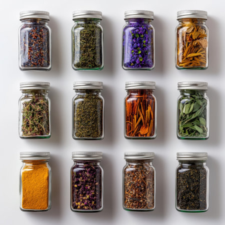 A colorful variety of herbal teas displayed in small glass jars.の素材
