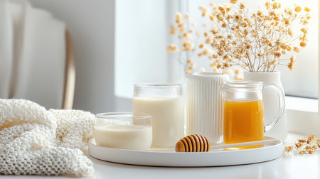 A decorative tray with milk glasses and honey jars under soft morning light.の素材