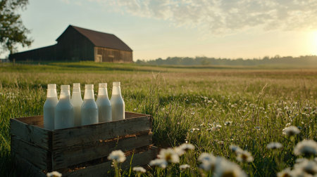 A farm setting with milk bottles on a wooden crate and a barn in the background.の素材