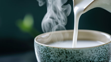 A close-up of milk being poured into a steaming cup of tea.の素材