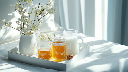 A decorative tray with milk glasses and honey jars under soft morning light.の素材