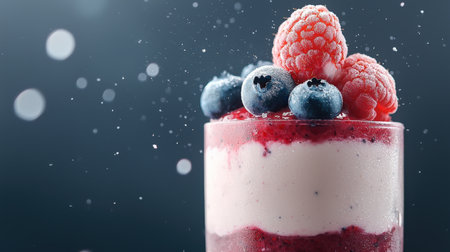 A detailed shot of a layered berry smoothie with blueberries and raspberries on top.の素材