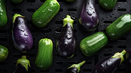 A grill scene featuring sliced eggplants with grill marks beside zucchini.の素材