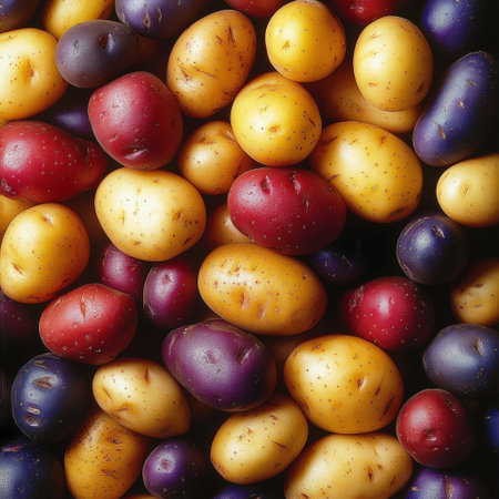A pile of colorful potatoes in various shades of yellow, red, and purple.の素材