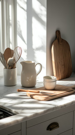 A minimalist kitchen counter with a milk jug and matching ceramic cups.の素材