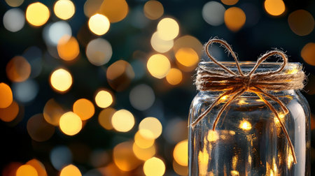 A close-up of a sparkling glass jar with a rustic twine bow tied around its neck.の素材