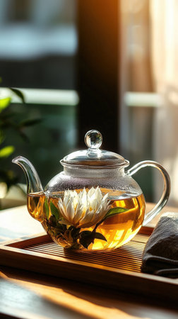 A glass teapot with flowering tea blooming inside, set on a wooden tray.の素材