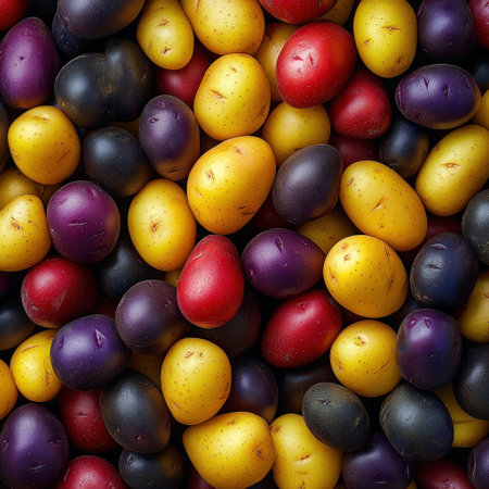 A pile of colorful potatoes in various shades of yellow, red, and purple.の素材