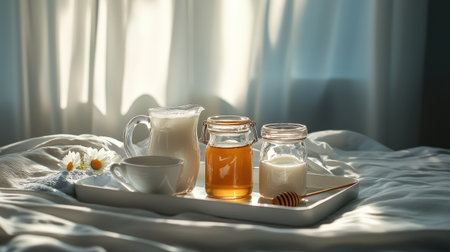 A decorative tray with milk glasses and honey jars under soft morning light.の素材