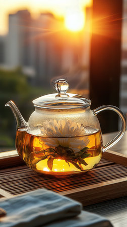 A glass teapot with flowering tea blooming inside, set on a wooden tray.の素材