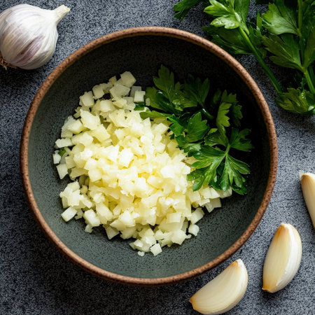 Minced garlic on a small dish with parsley leaves beside it.の素材