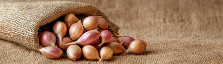 A pile of shallots with their papery skins still intact on a burlap cloth.の素材
