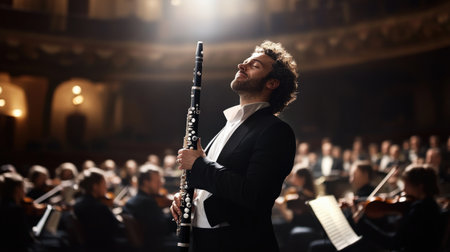 A man is playing a flute in front of a crowd. The man is smiling and he is enjoying himself. The audience is watching him intently, and the atmosphere is lively and energeticの素材