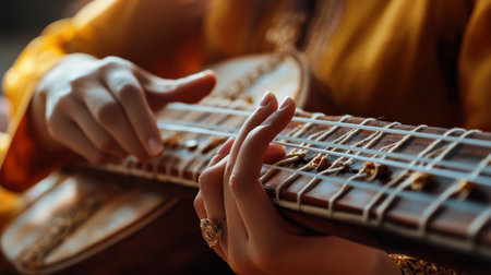 A close-up of fingers plucking the strings of a traditional sitar in a serene settingの素材
