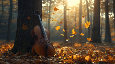 A peaceful image of a cello leaning against a tree in an autumn forest with golden leaves scattered aroundの素材