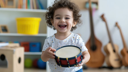 A young child holding a tambourine while smiling in a music classroom filled with instrumentsの素材