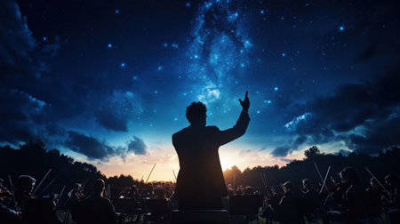 A silhouette of a conductor leading an orchestra under a starry night sky in an open-air amphitheaterの素材