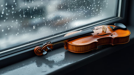 A violin resting on a windowsill with raindrops on the glass and a melancholic atmosphereの素材