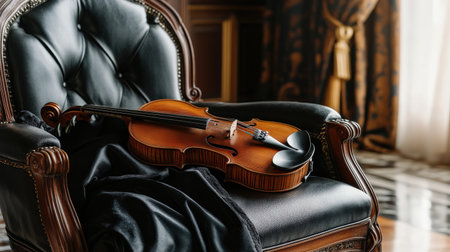 A close-up of a violin case resting on a leather chair, with a glimpse of elegant concert attire nearbyの素材