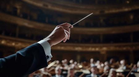 A conductor baton captured mid-air as the orchestra plays the final note of a powerful symphonyの素材