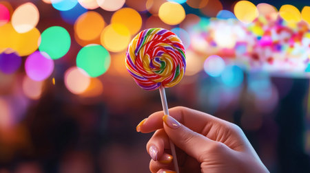 A close-up of a woman hand holding a brightly colored lollipop from a festive stall.の素材