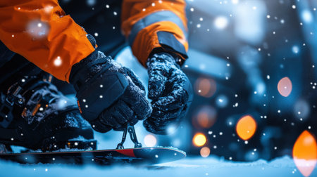 A man adjusting his snowboard bindings before heading down the slope.の素材