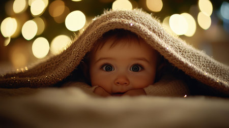 A baby peeking out from under a festive blanket, their eyes wide with curiosityの素材