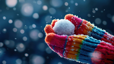 A close-up of a girl hands holding a snowball, wearing colorful mittens.の素材