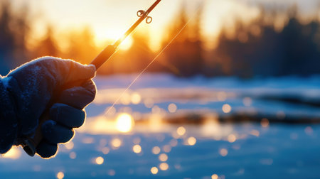 A close-up of hands holding a fishing rod while waiting by an icy lake.の素材