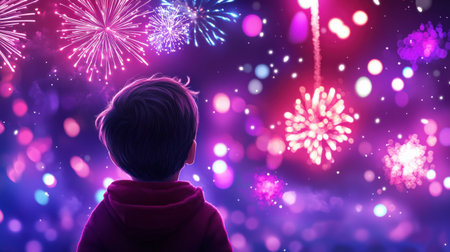 child watching colorful fireworks light up the night sky with awe and wonderの素材