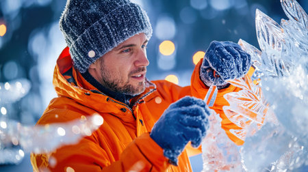 A man carving ice sculptures at the Winterlude Festival in Ottawa.の素材