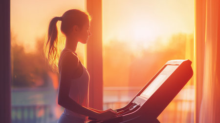 A teenage girl adjusting the incline on her treadmill at home.の素材