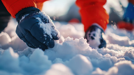 A close-up of hands shaping a snow sculpture during a community contest.の素材